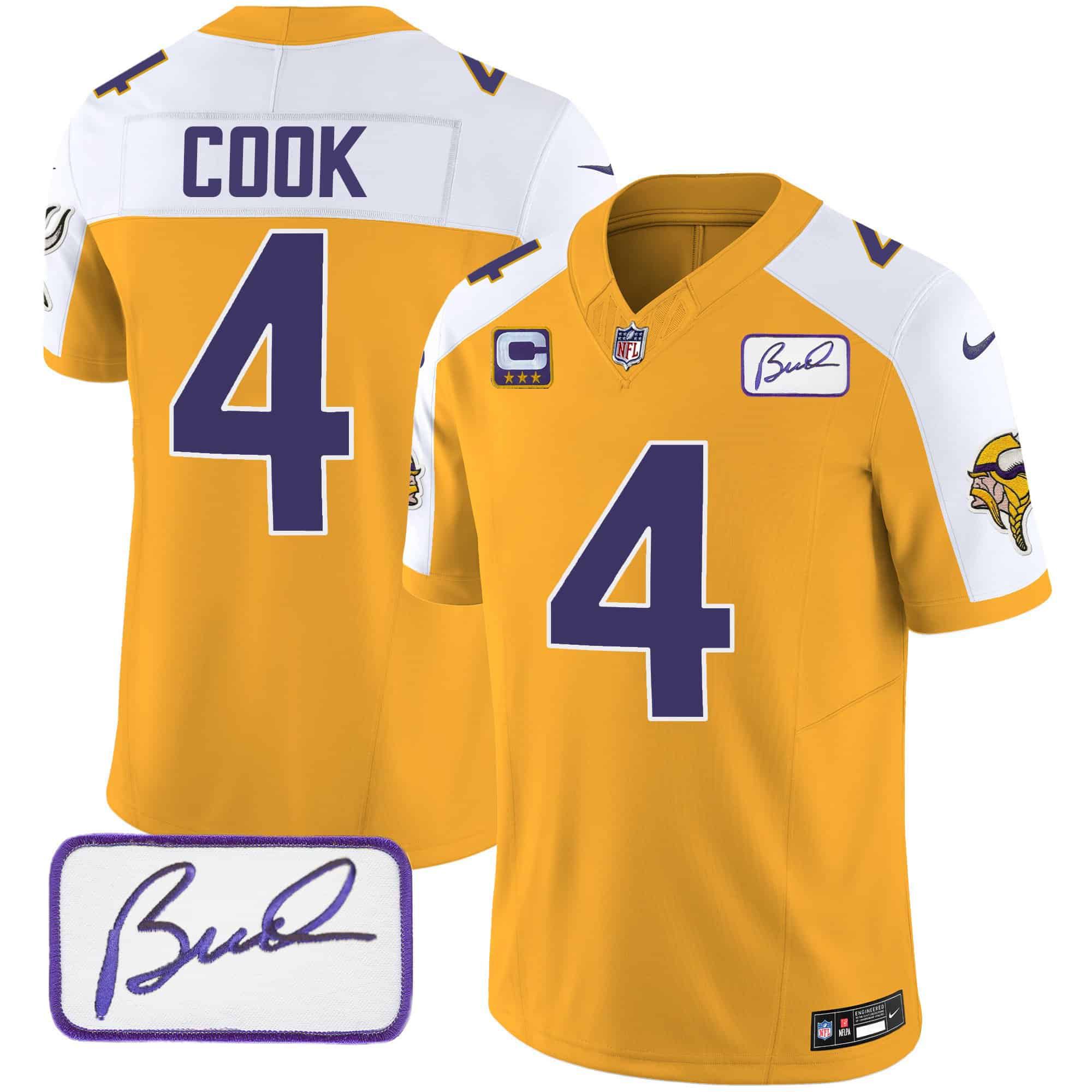 Men Minnesota Vikings 4 Cook Yellow 2024 Nike Bud Grant Patch Classic Limited NFL Jersey style 1